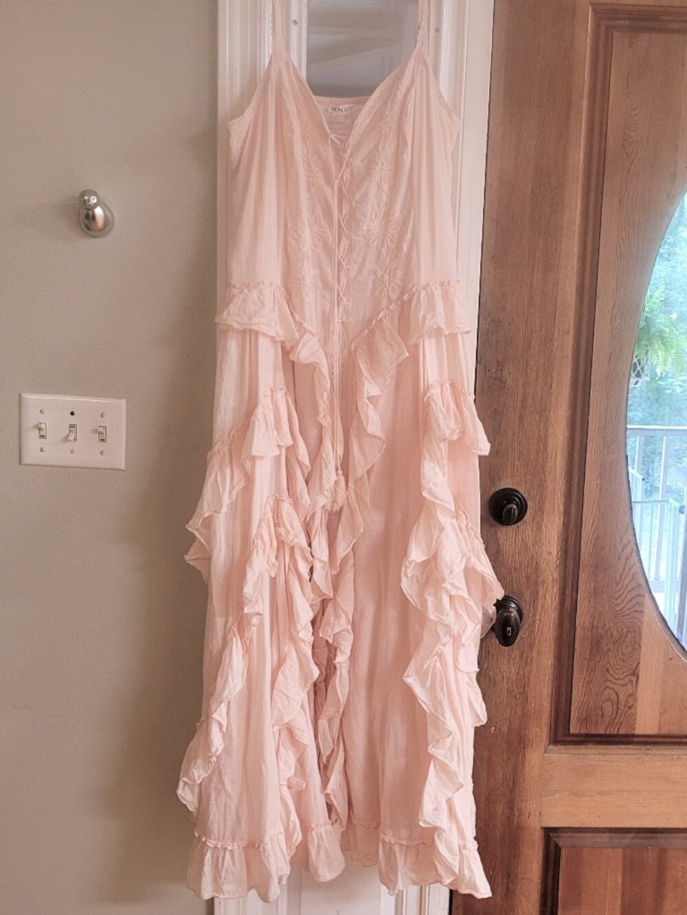 Venus Pink Ruffle Lace Up Maxi Dress, size Large - Picture 6 of 11